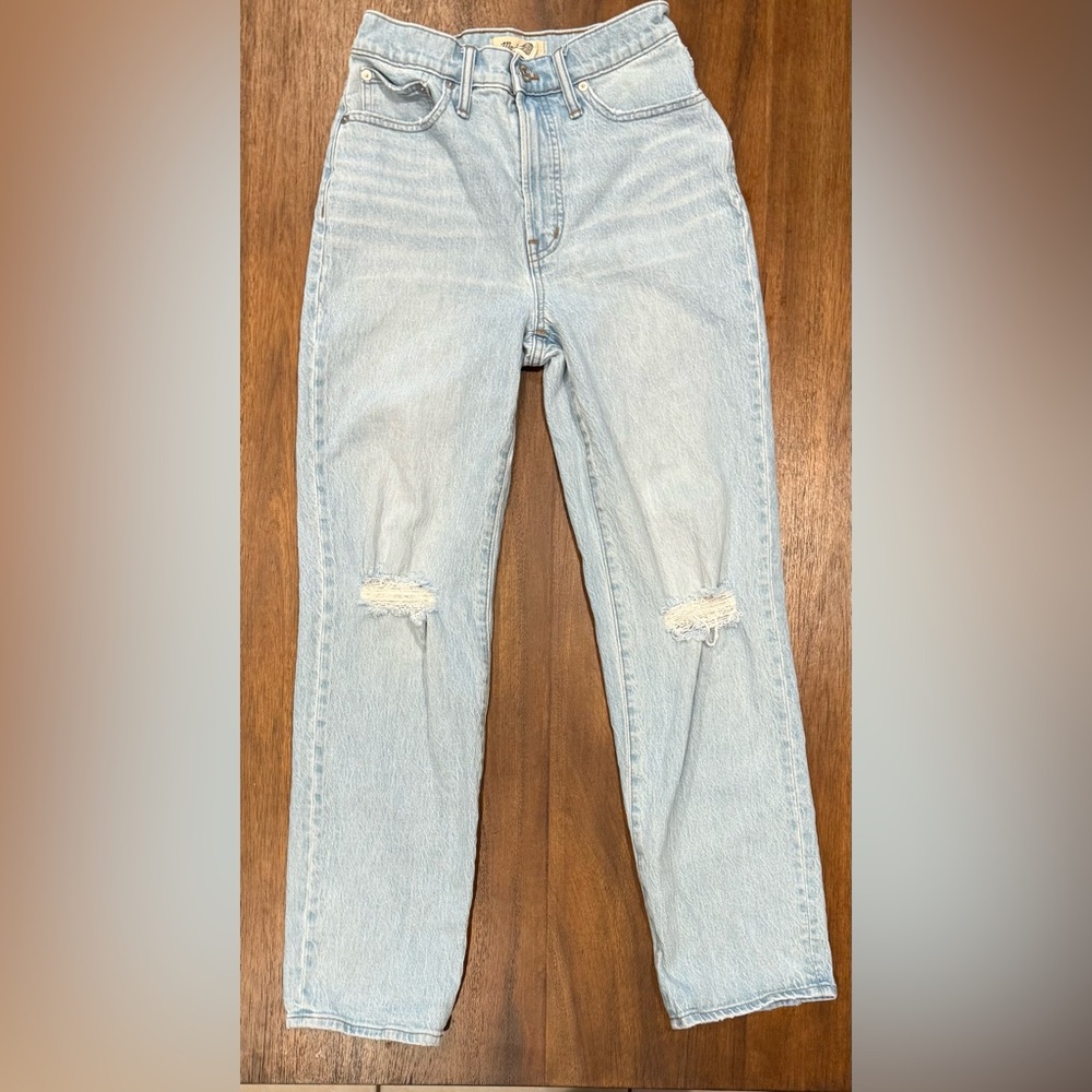 Madewell Blue Straight Leg Jeans with Distressed Details